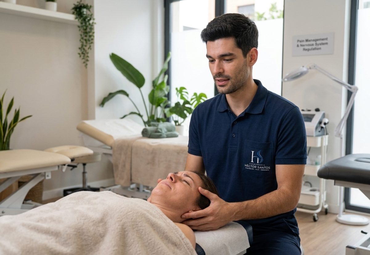 Héctor Santos realizando una técnica manual suave en el cuello de una paciente